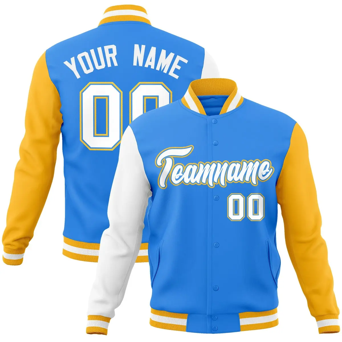 Powder Blue White-Powder Blue Raglan Varsity Full-Snap Letterman Jacket