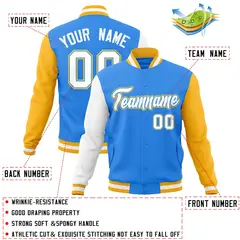 Powder Blue White-Powder Blue Raglan Varsity Full-Snap Letterman Jacket 4