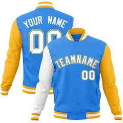 Powder Blue White-Powder Blue Raglan Varsity Full-Snap Letterman Jacket