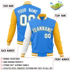 Powder Blue White-Powder Blue Raglan Varsity Full-Snap Letterman Jacket 4