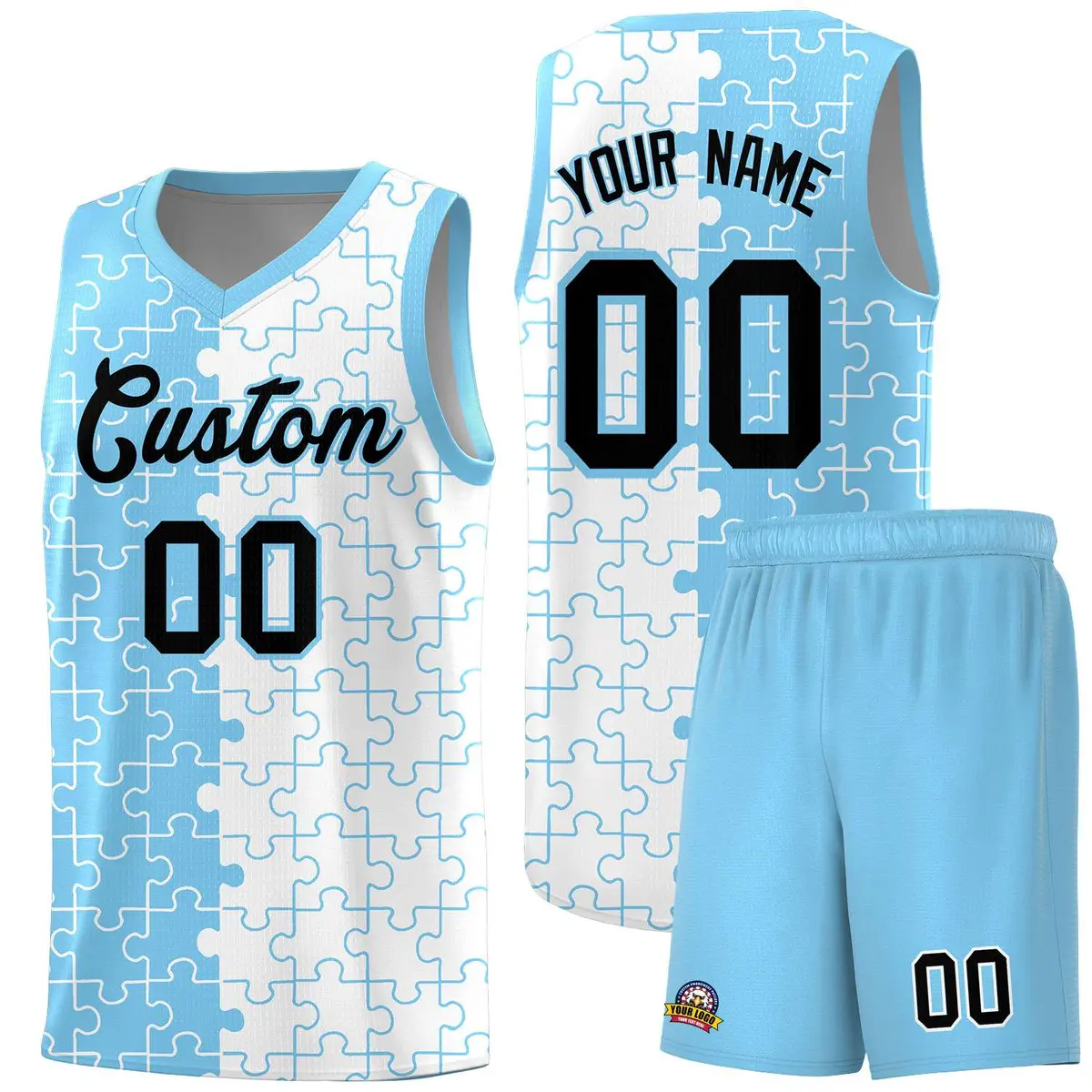 Powder Blue White Puzzle Pattern Splid Basketball Kits