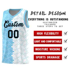 Powder Blue White Puzzle Pattern Splid Basketball Kits 2