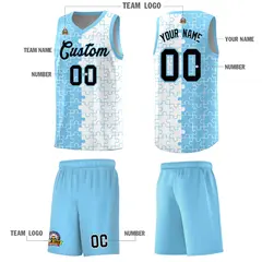 Powder Blue White Puzzle Pattern Splid Basketball Kits 5