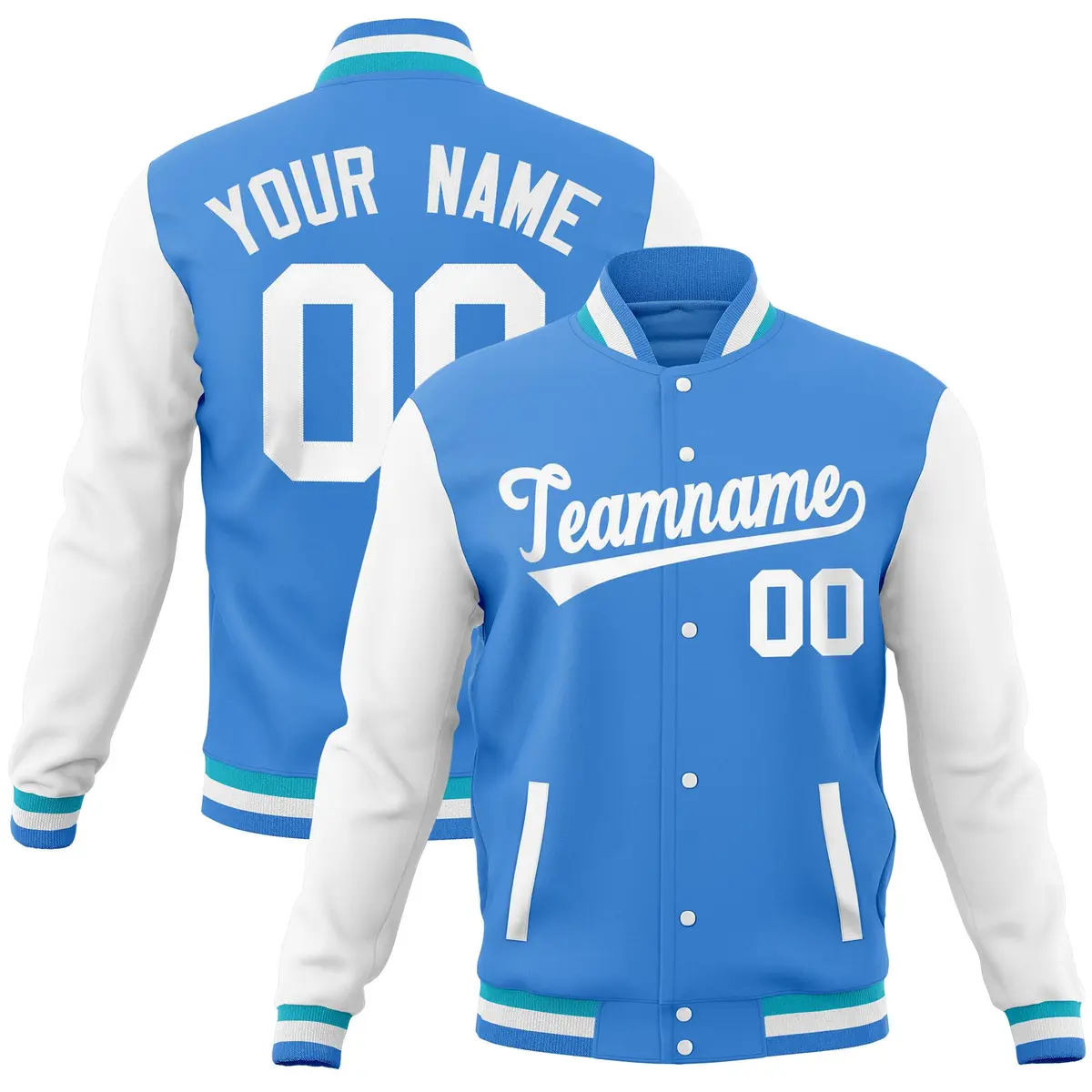 Powder Blue White Raglan Full-Snap Varsity Letterman Jacket