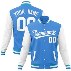 Powder Blue White Raglan Full-Snap Varsity Letterman Jacket