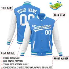 Powder Blue White Raglan Full-Snap Varsity Letterman Jacket 4