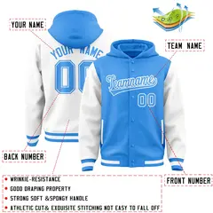 Powder Blue White Raglan Two Tone Full-Snap Varsity Letterman Jacket Hoodie 4