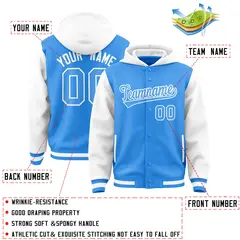 Powder Blue White Raglan Two Tone Full-Snap Varsity Letterman Jacket Hoodie 4