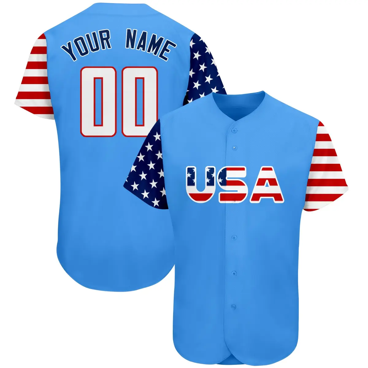 Powder Blue White-Red American Flag Baseball Jersey