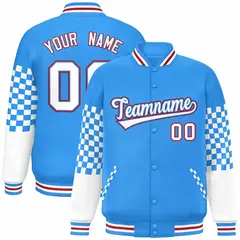 Powder Blue White-Red Checkered Color Block Bomber Varsity Jacket 1