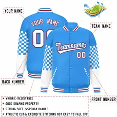 Powder Blue White-Red Checkered Color Block Bomber Varsity Jacket 2