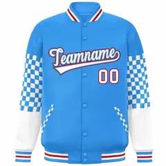 Powder Blue White-Red Checkered Color Block Bomber Varsity Jacket 3