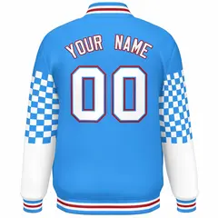 Powder Blue White-Red Checkered Color Block Bomber Varsity Jacket 4