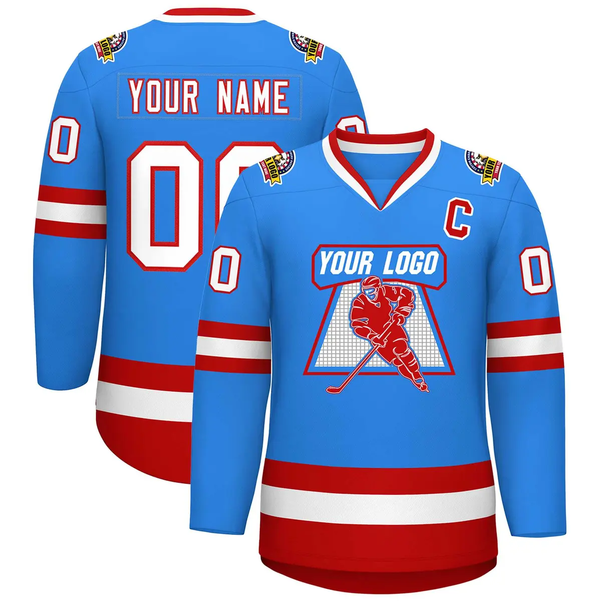 Powder Blue White-Red Classic Style Hockey Jersey