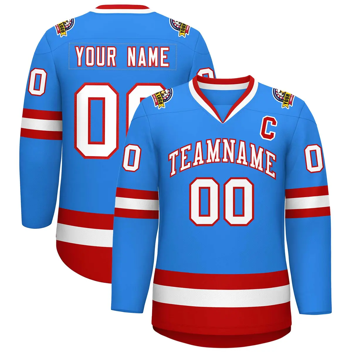 Powder Blue White-Red Classic Style Hockey Jersey