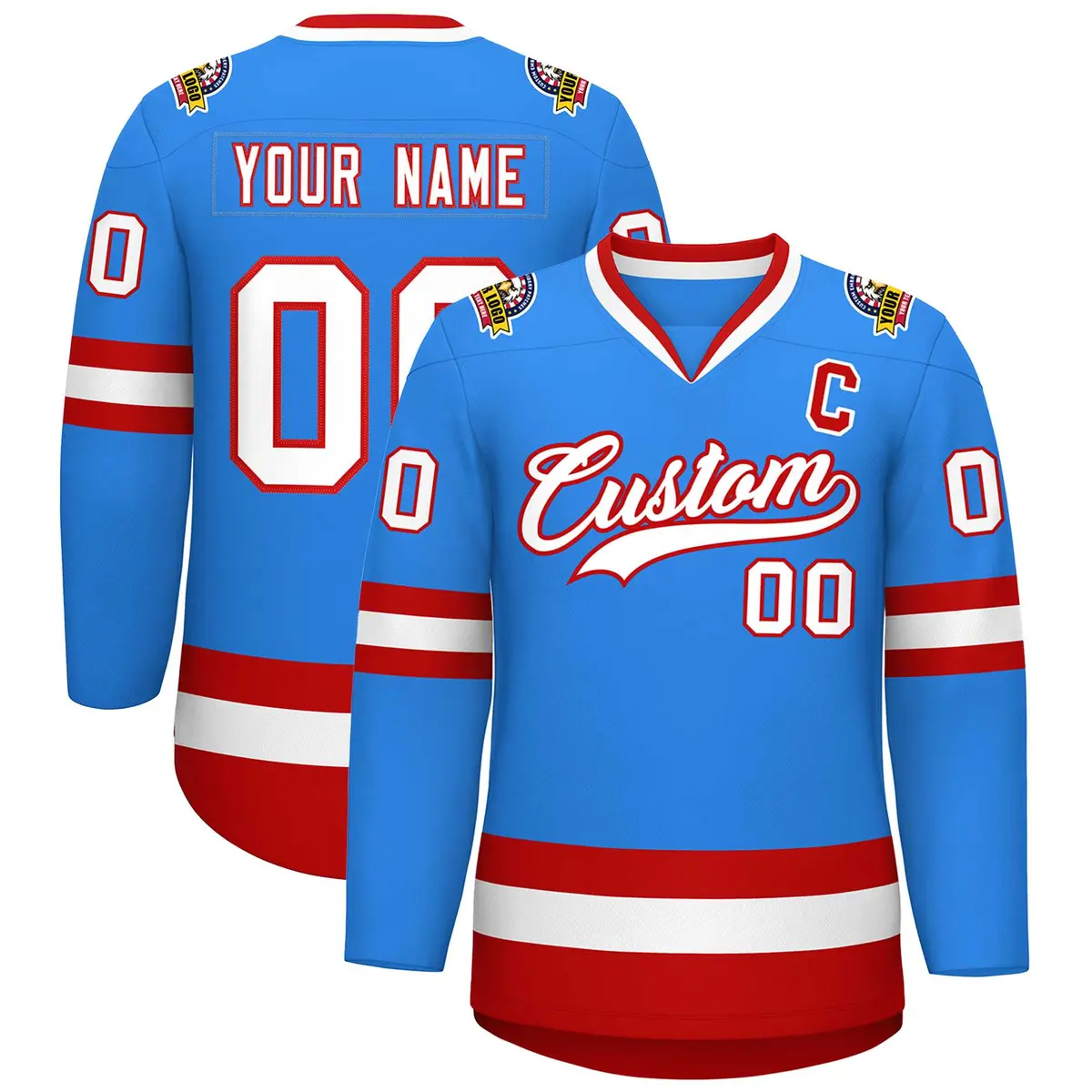 Powder Blue White-Red Classic Style Hockey Jersey