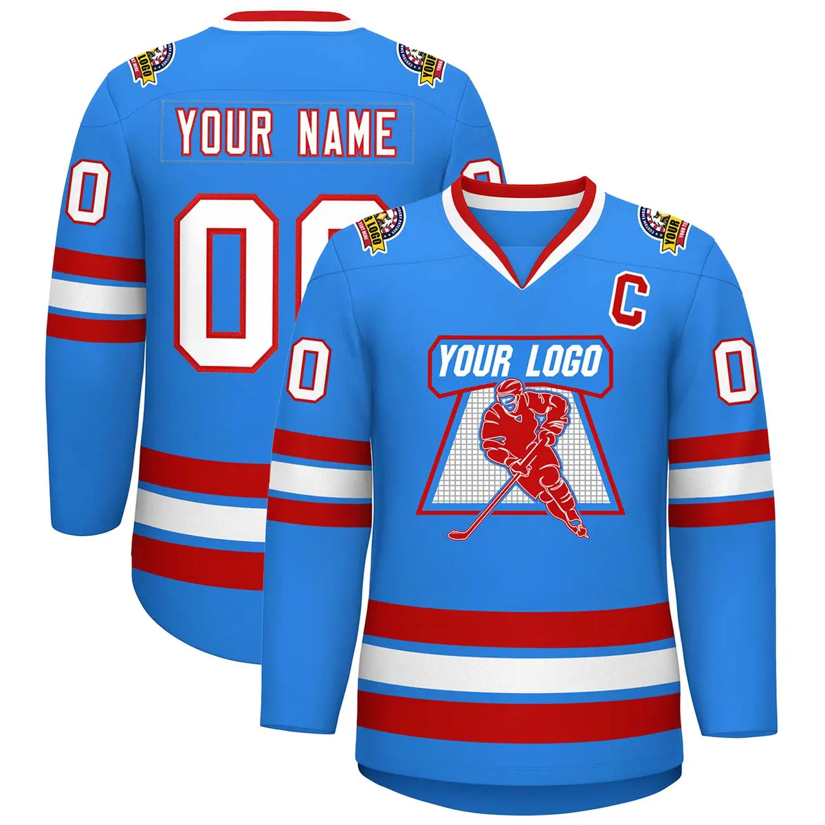 Powder Blue White-Red Classic Style Hockey Jersey