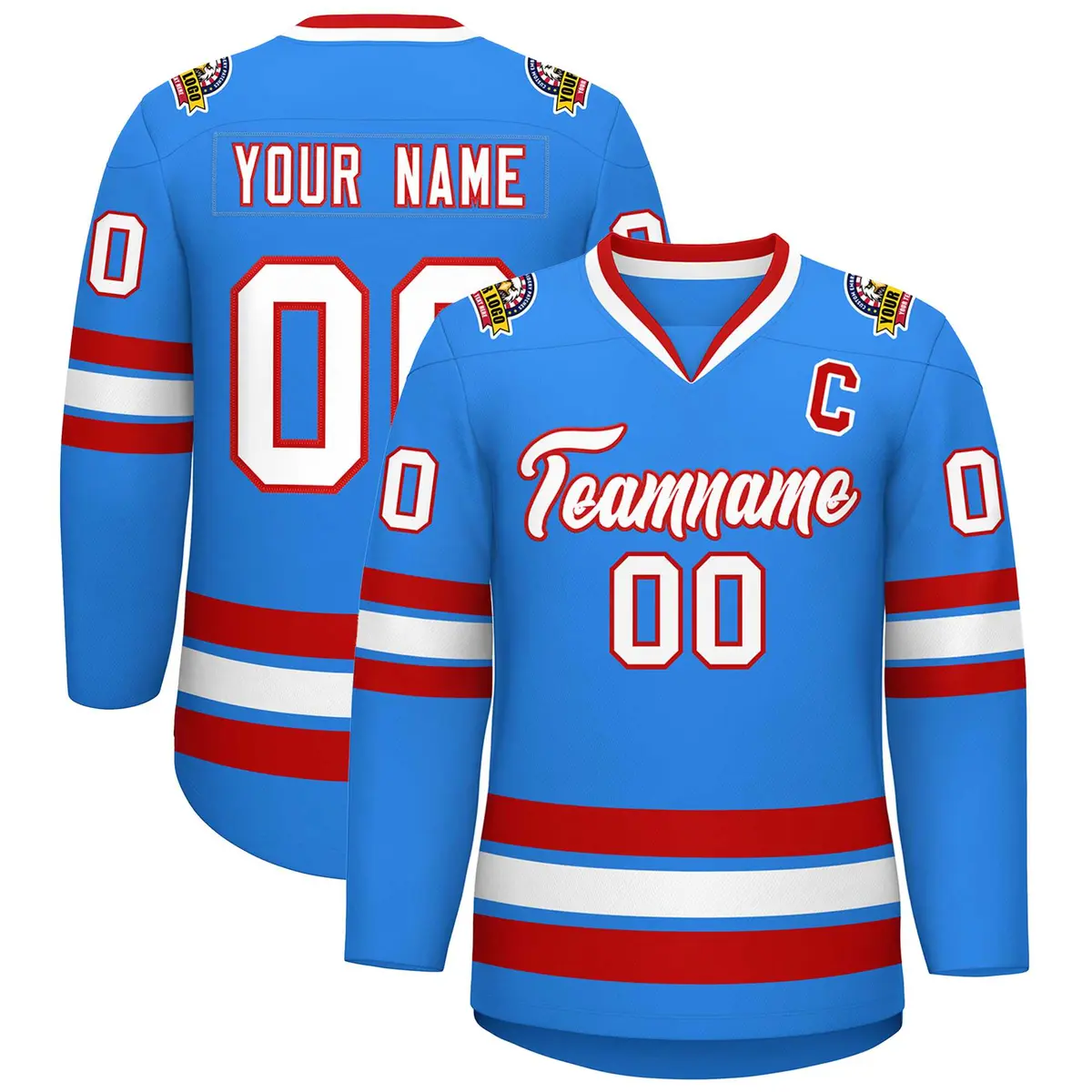 Powder Blue White-Red Classic Style Hockey Jersey