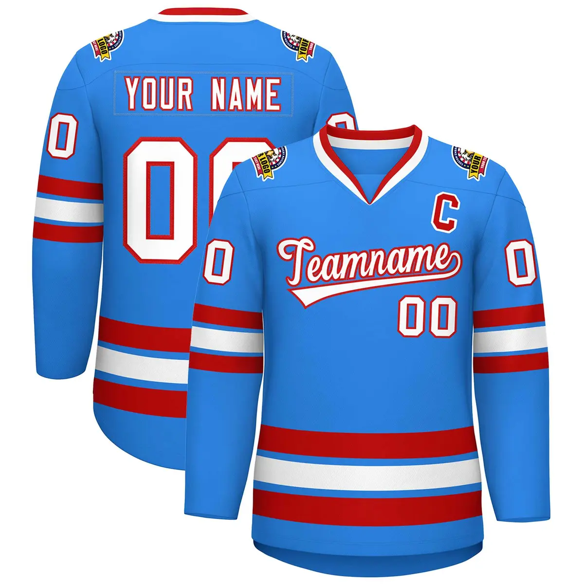 Powder Blue White-Red Classic Style Hockey Jersey