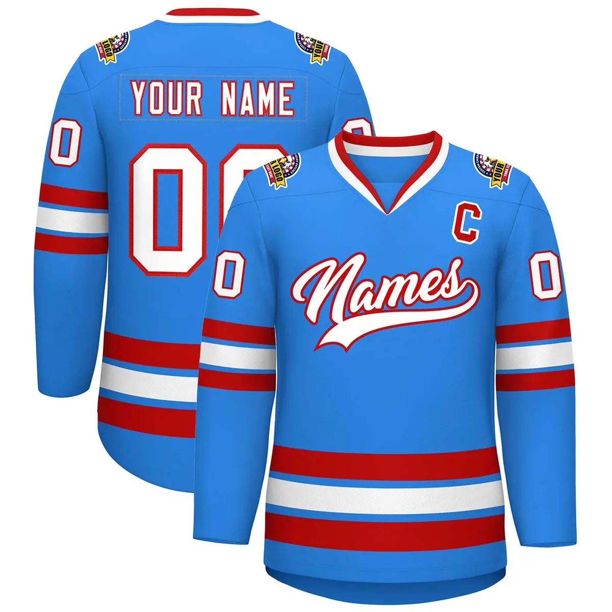 Powder Blue White-Red Classic Style Hockey Jersey