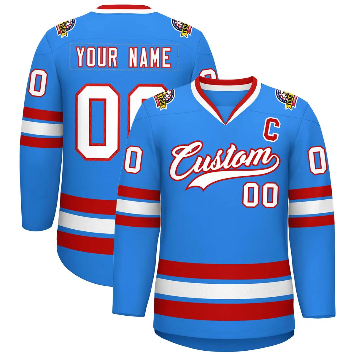 Powder Blue White-Red Classic Style Hockey Jersey