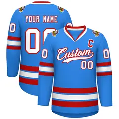 Powder Blue White-Red Classic Style Hockey Jersey 1