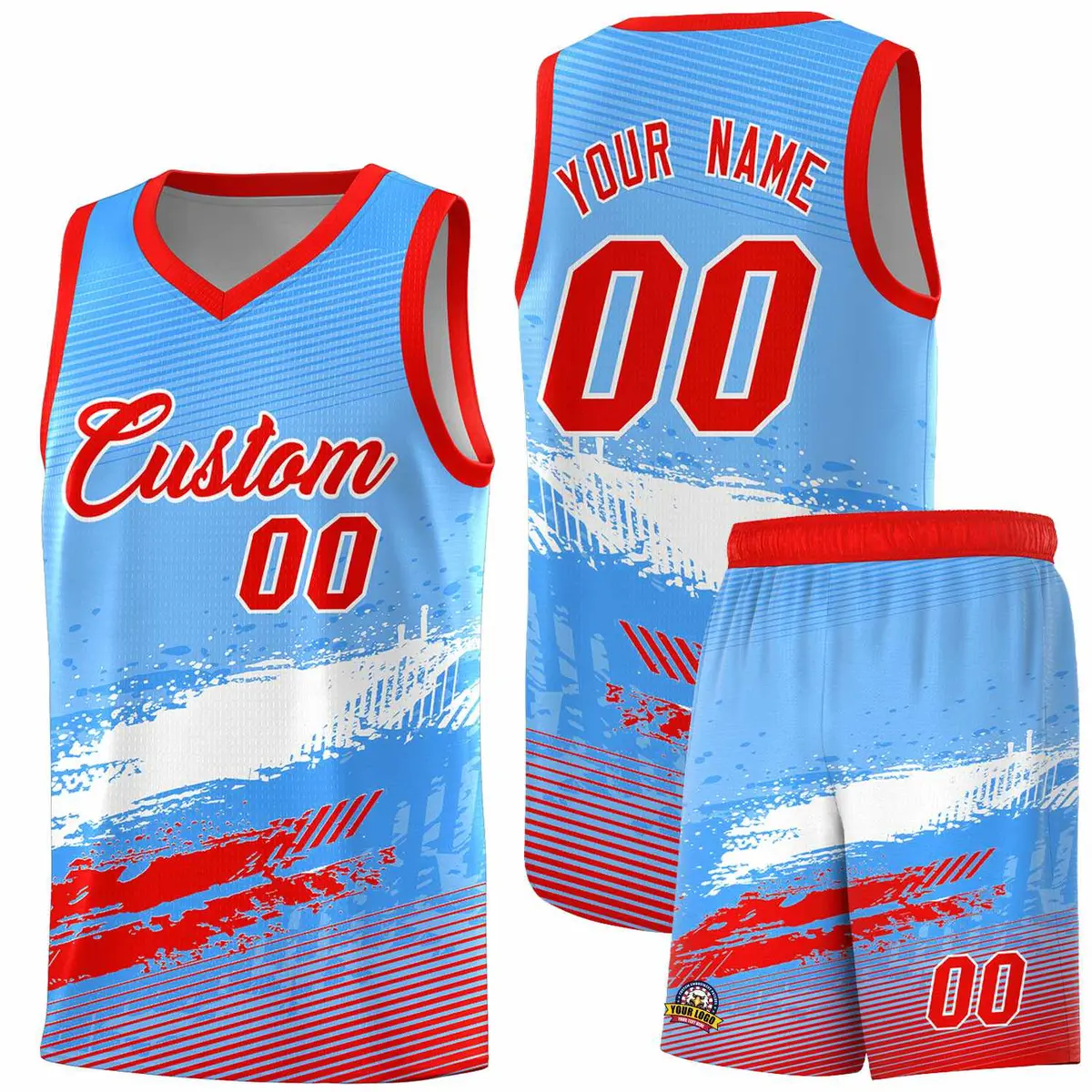 Powder Blue White Red Graffiti Pattern Basketball Jersey