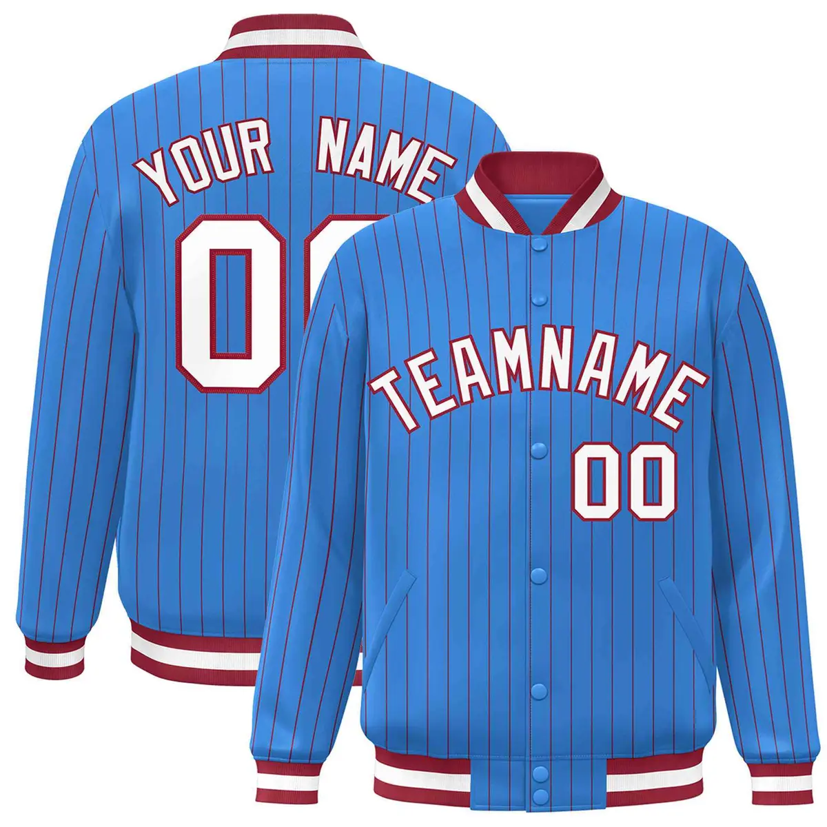 Powder Blue White-Red Stripe Letterman Bomber Varsity Jacket