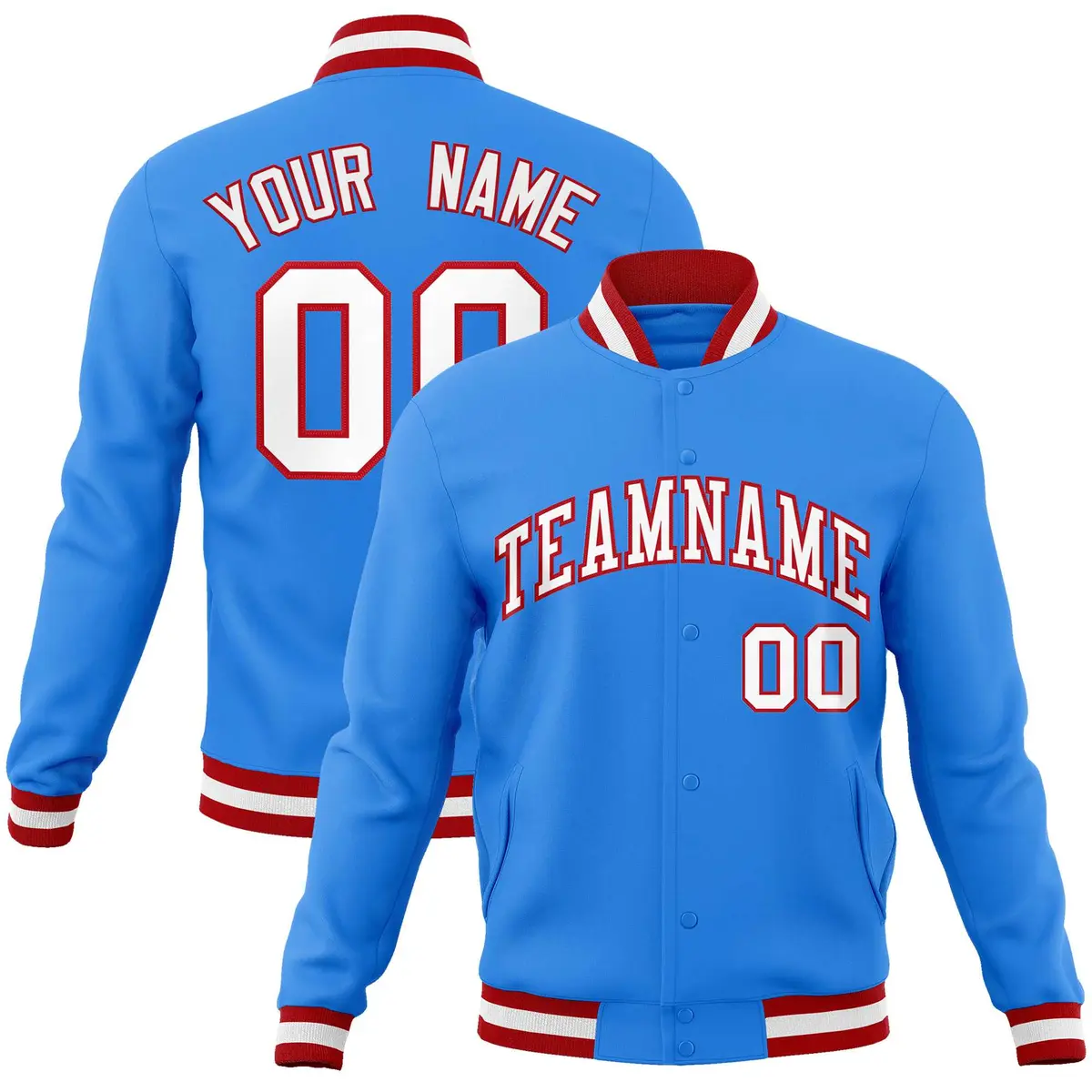Powder Blue White-Red Varsity Full-Snap Letterman Jacket