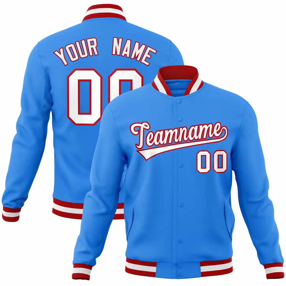 Powder Blue White-Red Varsity Full-Snap Letterman Jacket