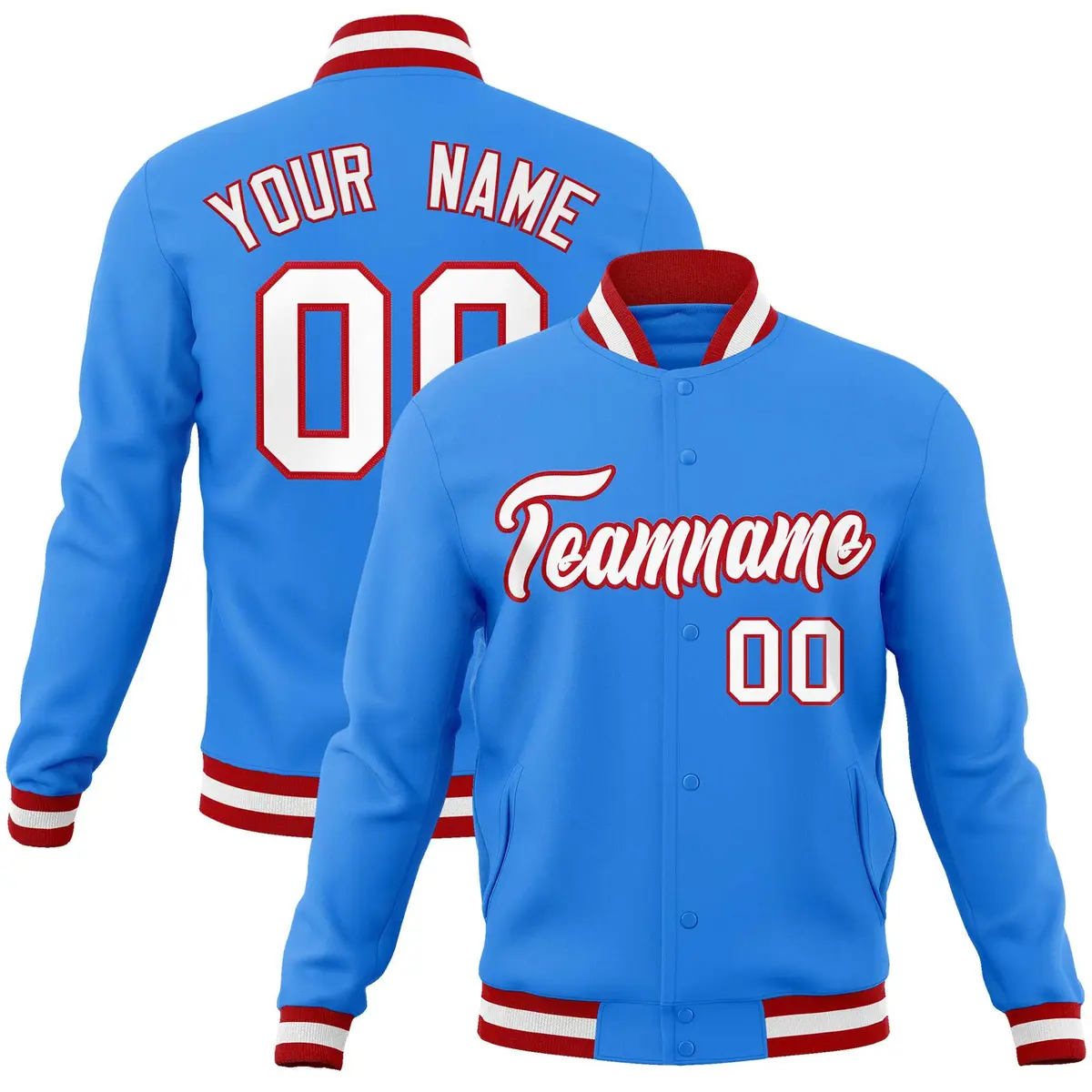 Powder Blue White-Red Varsity Full-Snap Letterman Jacket