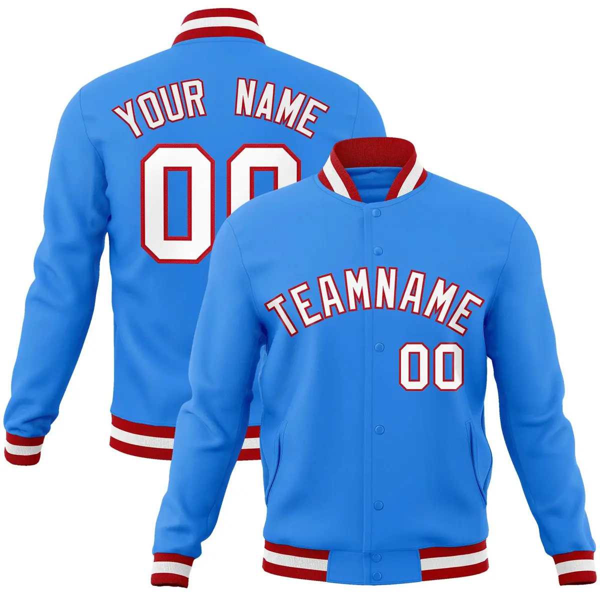 Powder Blue White-Red Varsity Full-Snap Letterman Jacket