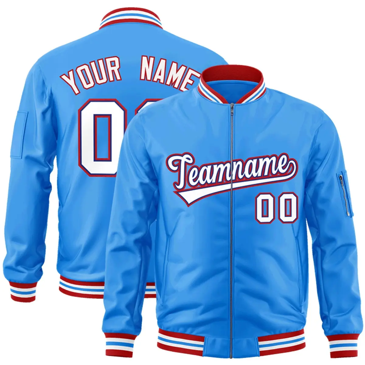 Powder Blue White-Red Varsity Full-Zip Letterman Jacket