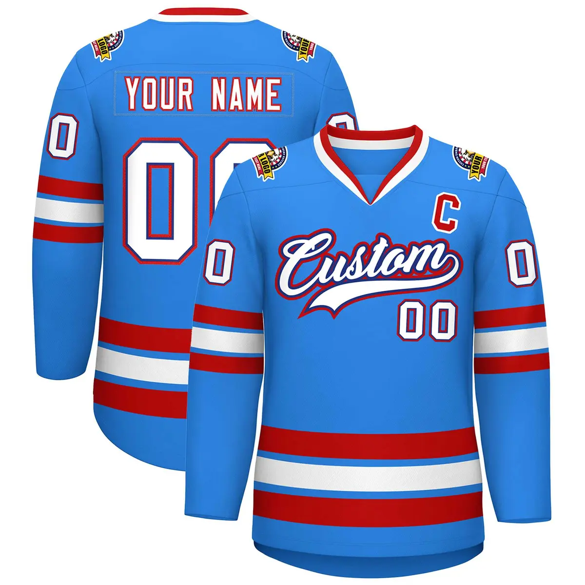 Powder Blue White Royal-Red Classic Style Hockey Jersey
