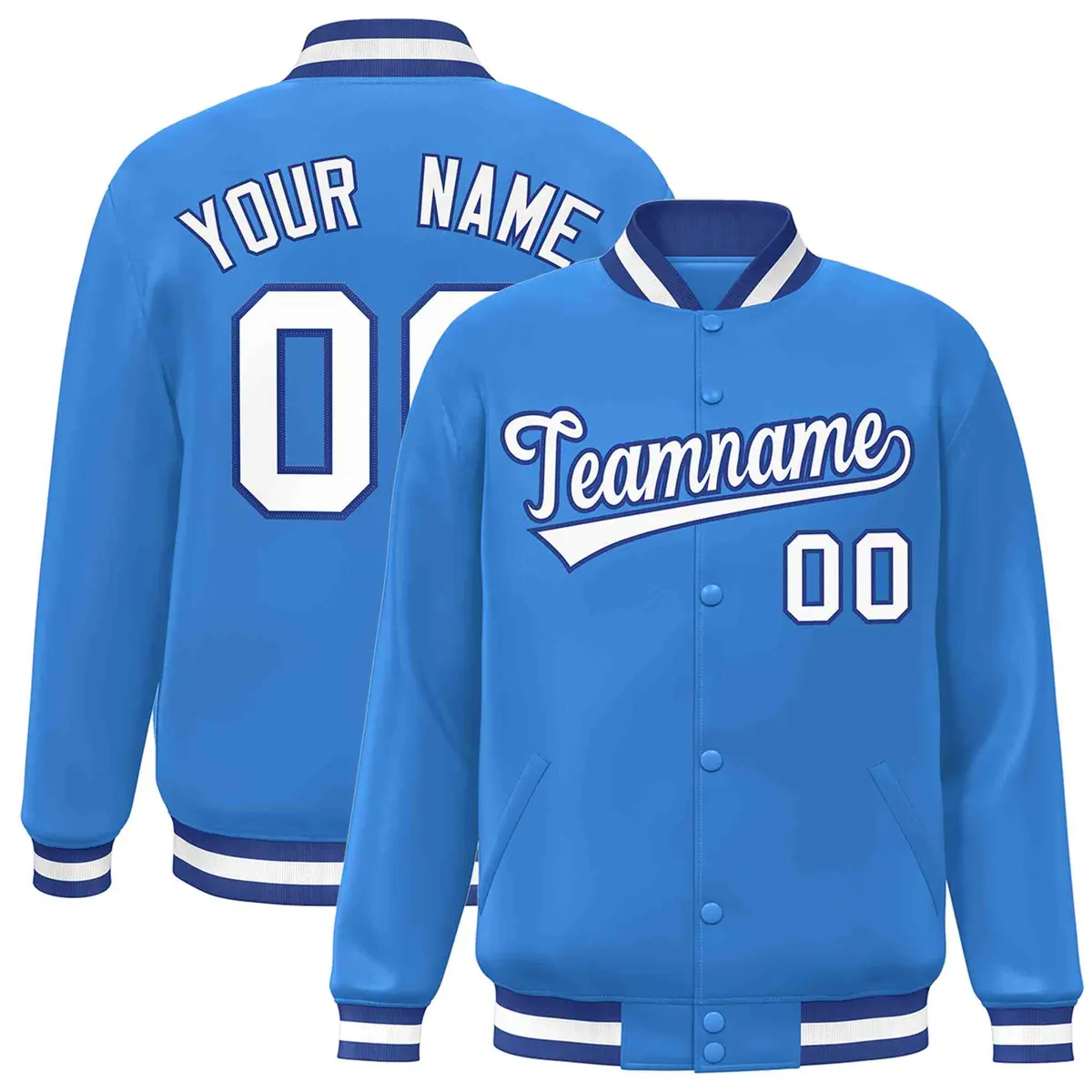 Powder Blue White-Royal Varsity Full-Snap Letterman Jacket