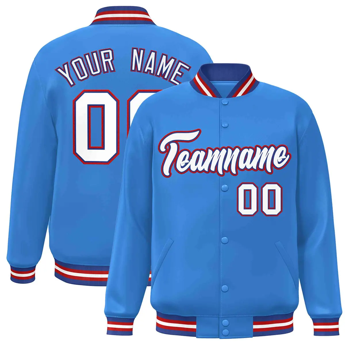 Powder Blue White-Royal Varsity Full-Snap Letterman Jacket