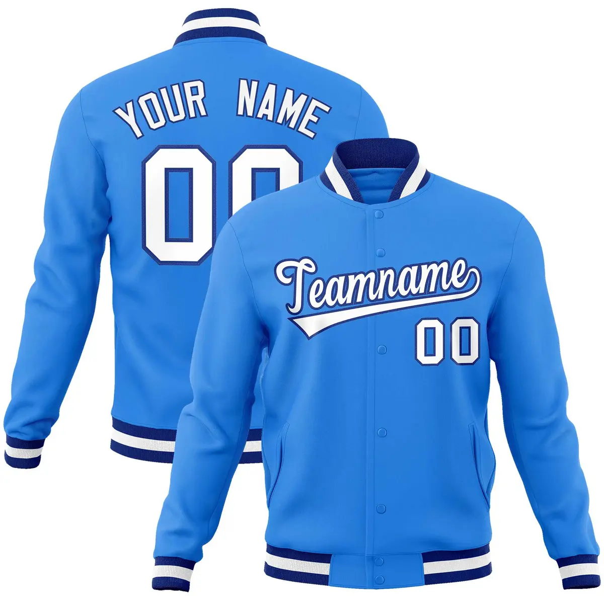 Powder Blue White-Royal Varsity Full-Snap Letterman Jacket