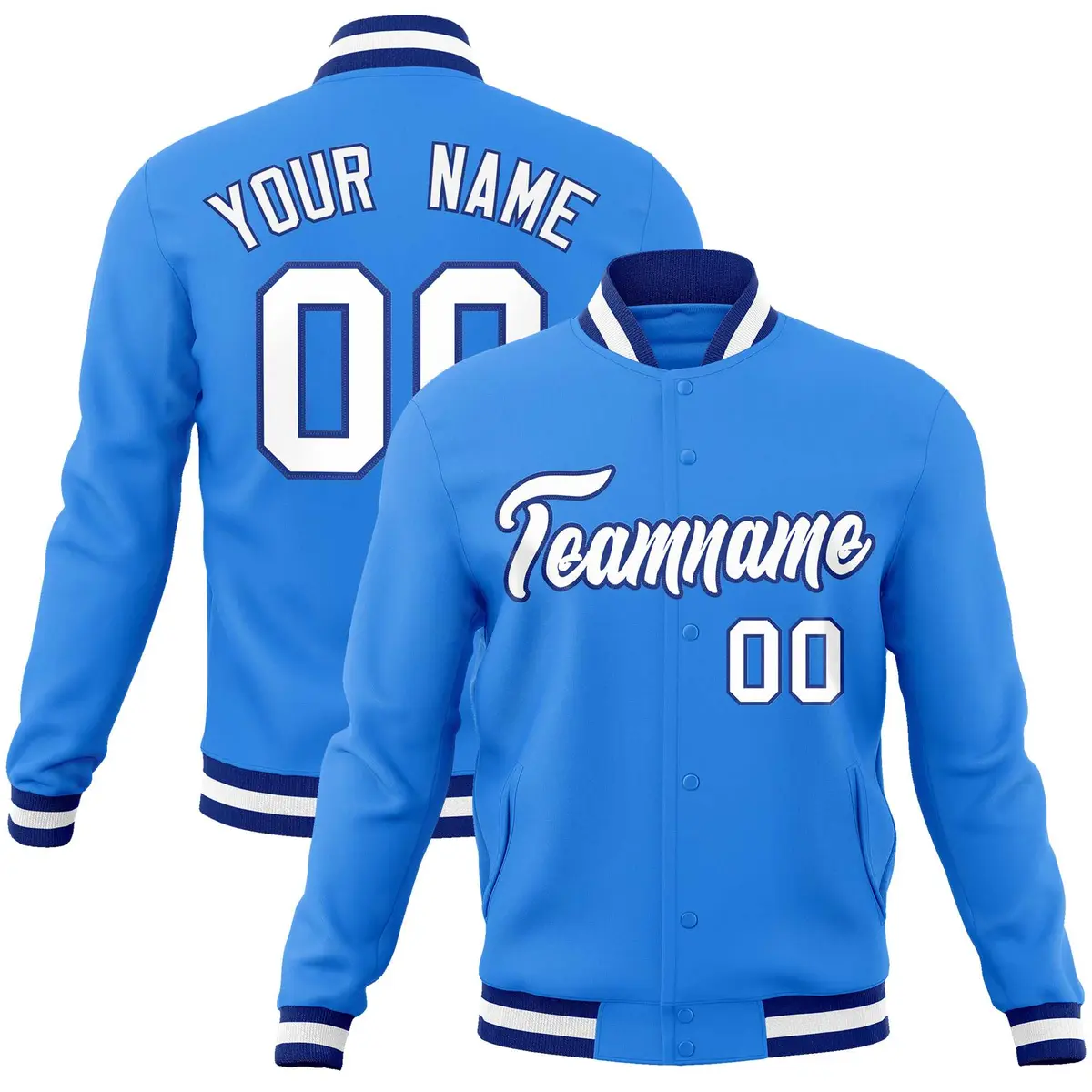 Powder Blue White-Royal Varsity Full-Snap Letterman Jacket