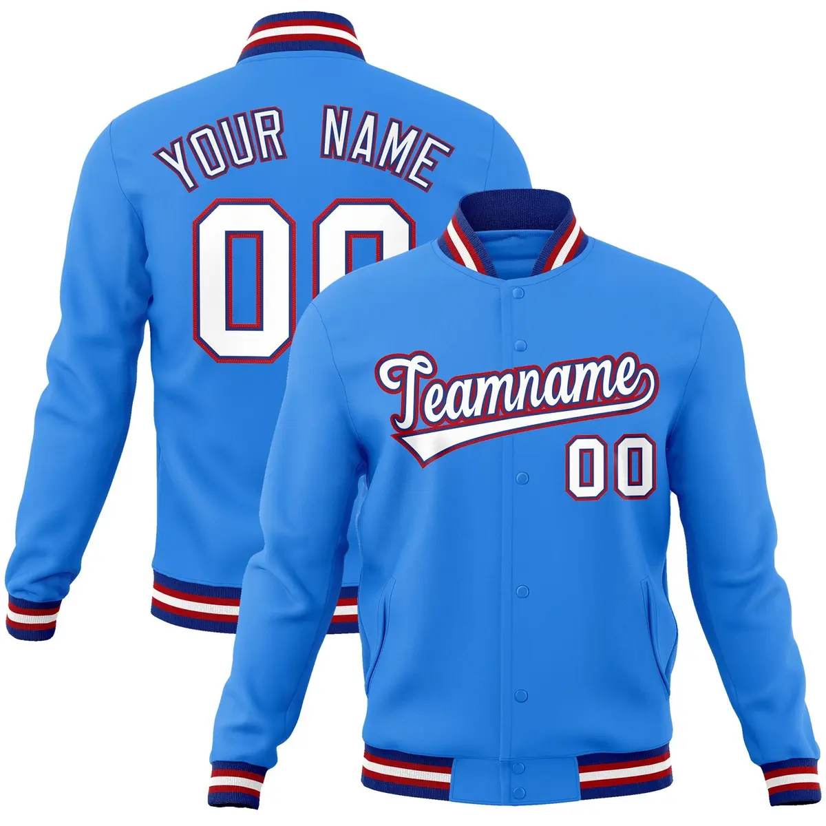 Powder Blue White-Royal Varsity Full-Snap Letterman Jacket