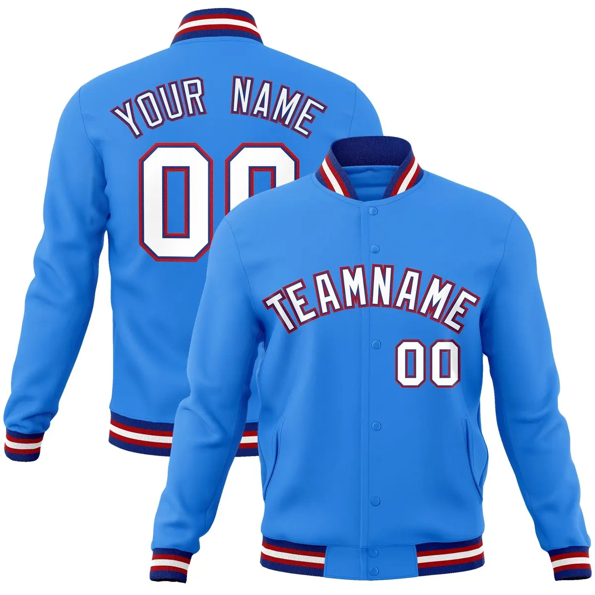 Powder Blue White-Royal Varsity Full-Snap Letterman Jacket