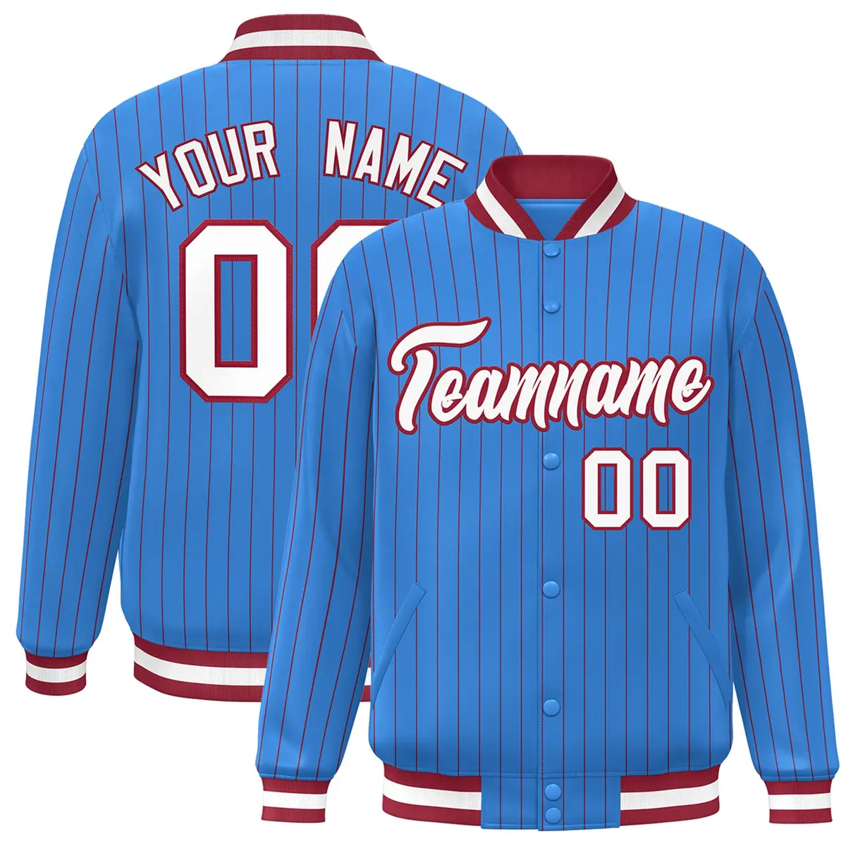 Powder Blue White Scarlet Stripe Letterman Bomber Varsity Jacket