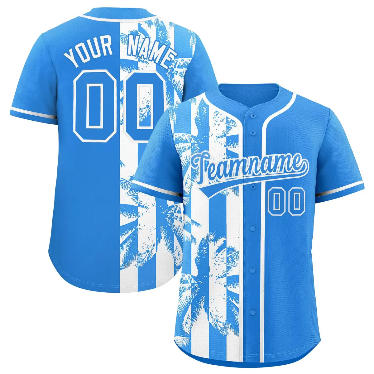Powder Blue White Split Coconut Tree Baseball Jersey