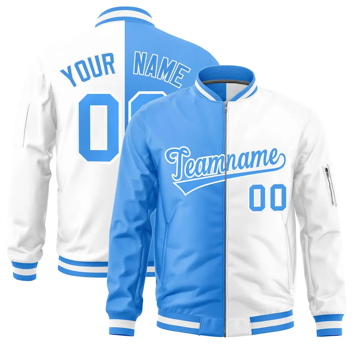 Powder Blue White Split Two Tone Full-Zip Letterman Bomber Jacket