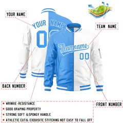Powder Blue White Split Two Tone Full-Zip Letterman Bomber Jacket 2