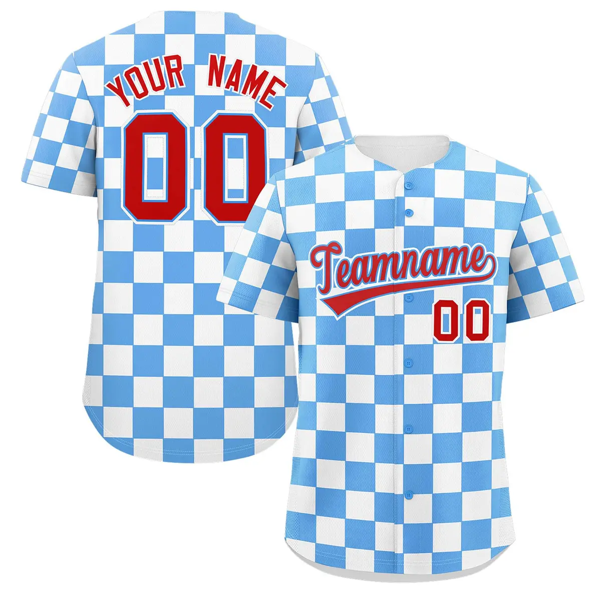 Powder Blue White Square Grid Color Block Baseball Jersey