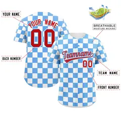 Powder Blue White Square Grid Color Block Baseball Jersey 2
