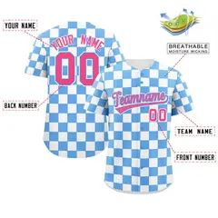 Powder Blue White Square Grid Color Block Baseball Jersey 2