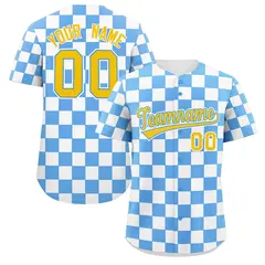 Powder Blue White Square Grid Color Block Baseball Jersey 1