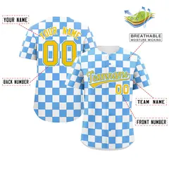 Powder Blue White Square Grid Color Block Baseball Jersey 2