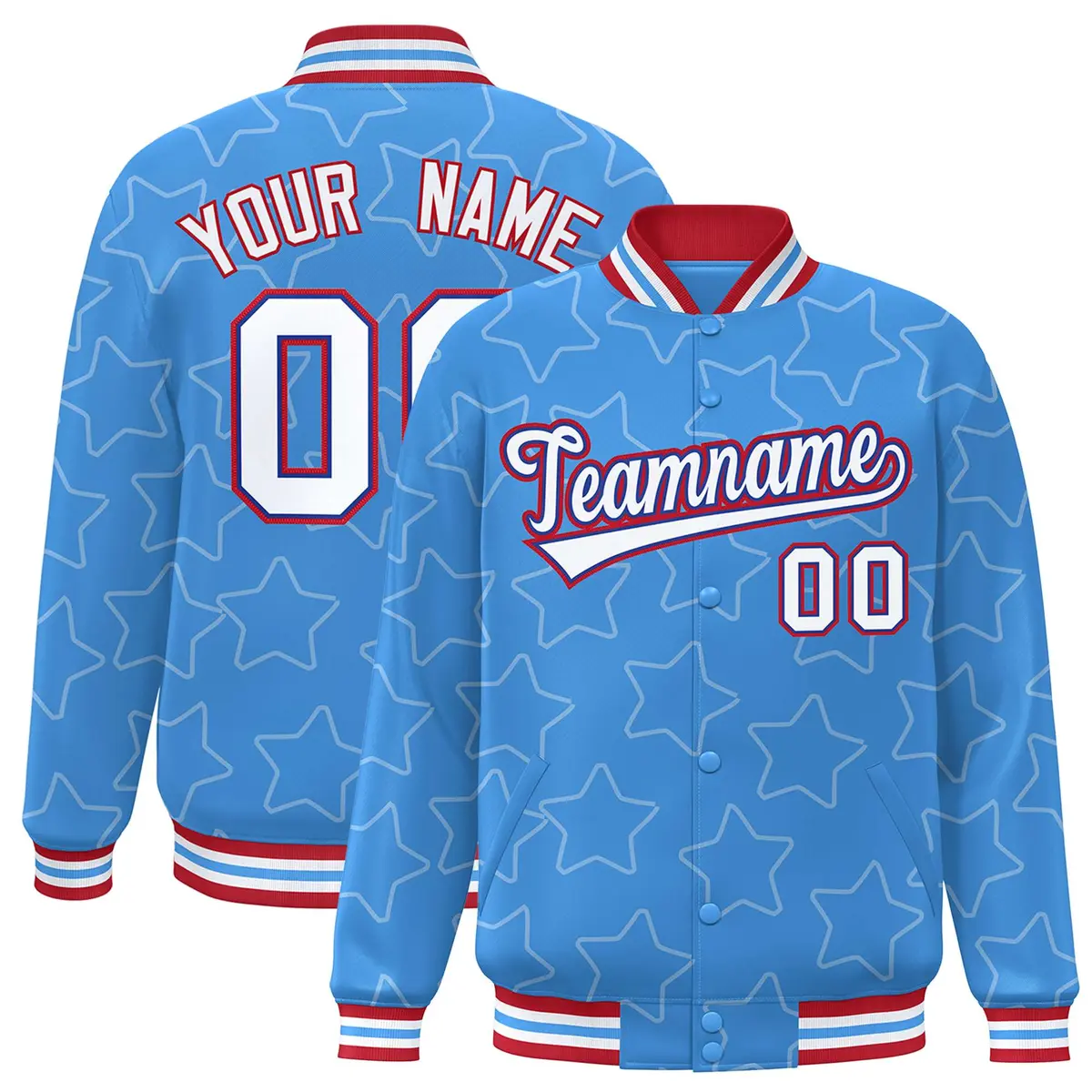 Powder Blue White Star Pattern Varsity Letterman Baseball Jacket